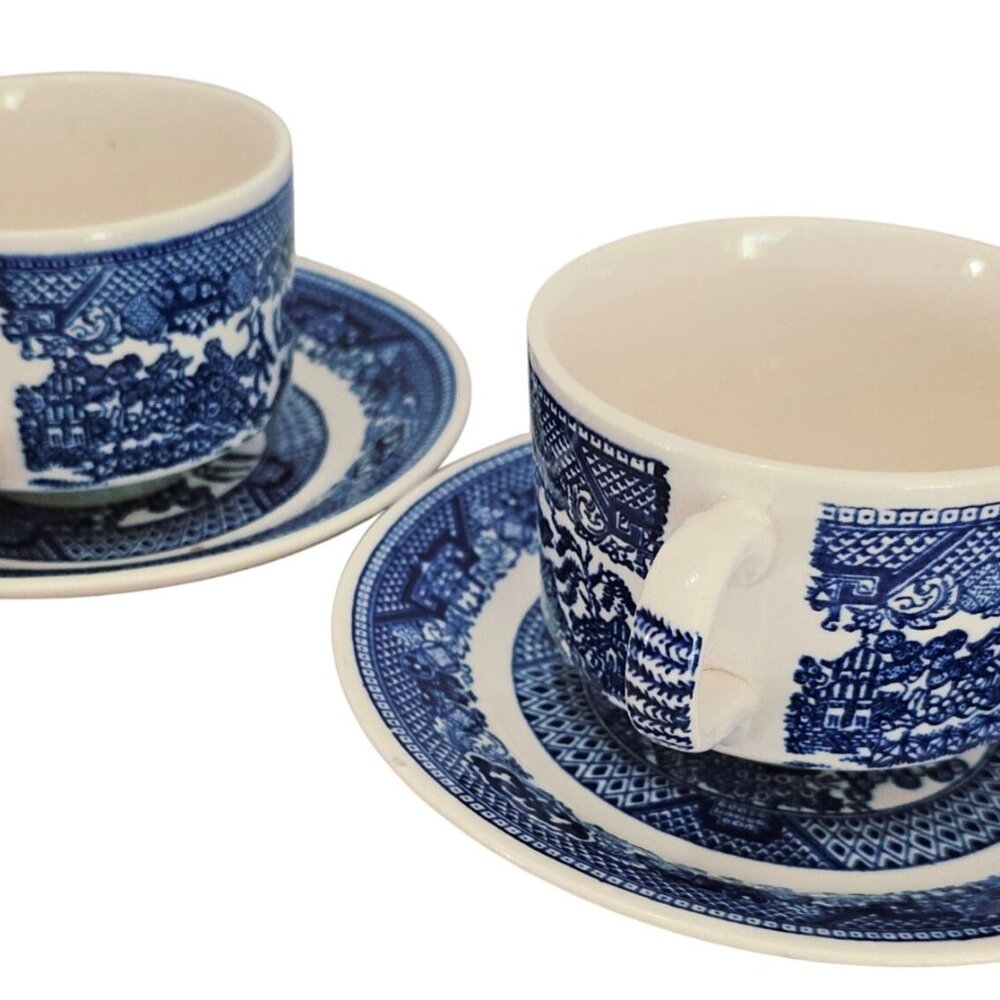 2 Royal USA Blue Willow Mugs Saucers 2.5" Ironstone transferware Chinoiserie - Picture 8 of 9